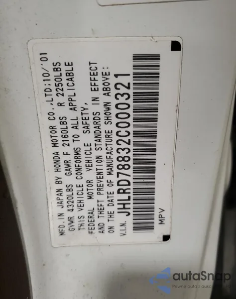 2002 Honda Cr-V Ex from USA, damaged, VIN JHLRD78832C000321